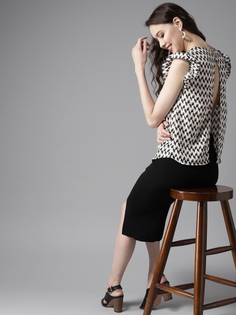 

HERE&NOW Women Off-White & Black Printed Styled Back Top