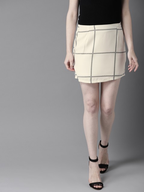 

HERE&NOW Women Off White & Black Checked Mini Straight Skirt