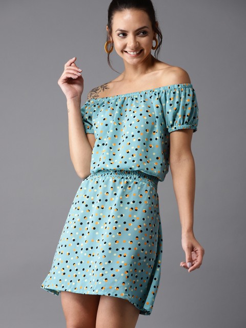

HERE&NOW Women Blue & Black Printed Blouson Dress