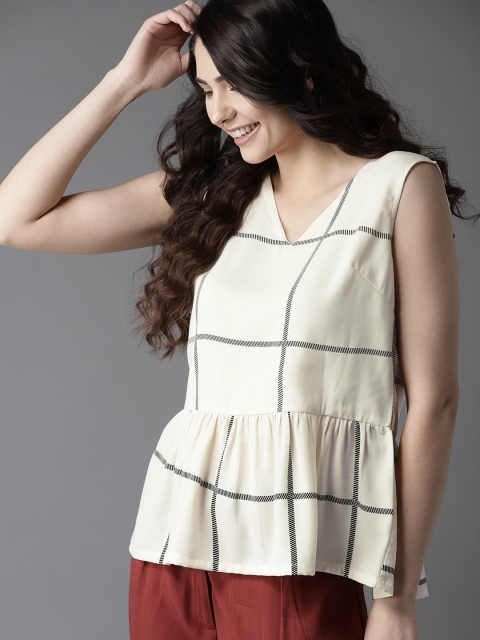 

HERE&NOW Women Off-White & Black Checked A-line Top