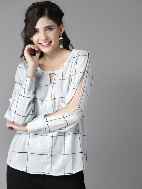 

HERE&NOW Women Grey & Black Checked Regular Top