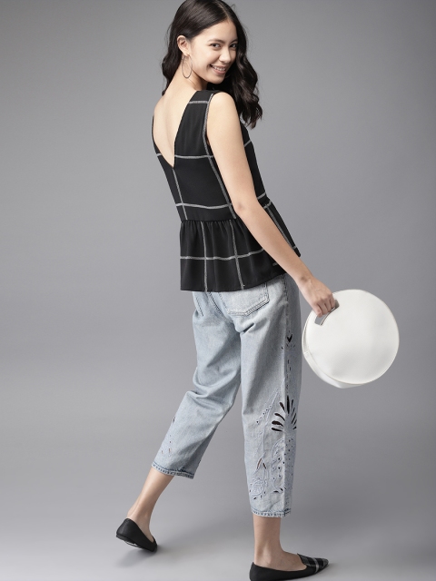 

HERE&NOW Women Black & White Checked Peplum Top