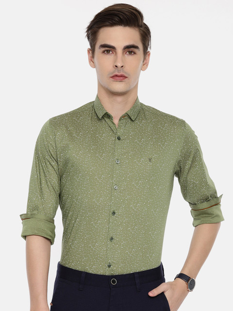 

V Dot Men Olive Green Printed Slim Fit Smart Casual Shirt