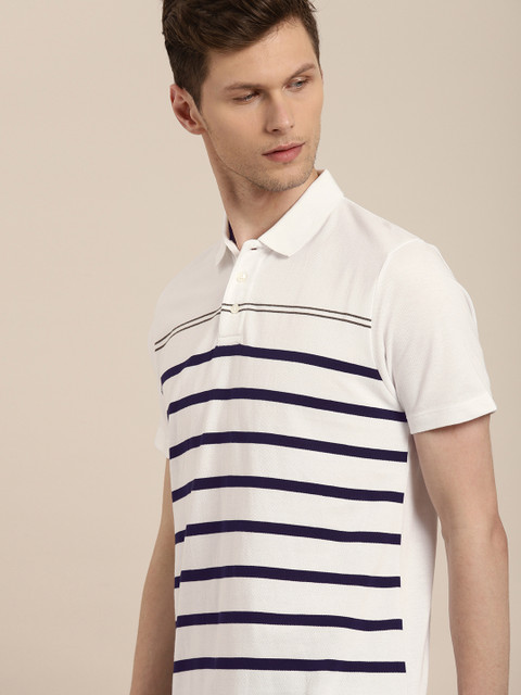 

INVICTUS Men White & Navy Slim Fit Striped Polo Collar T-shirt