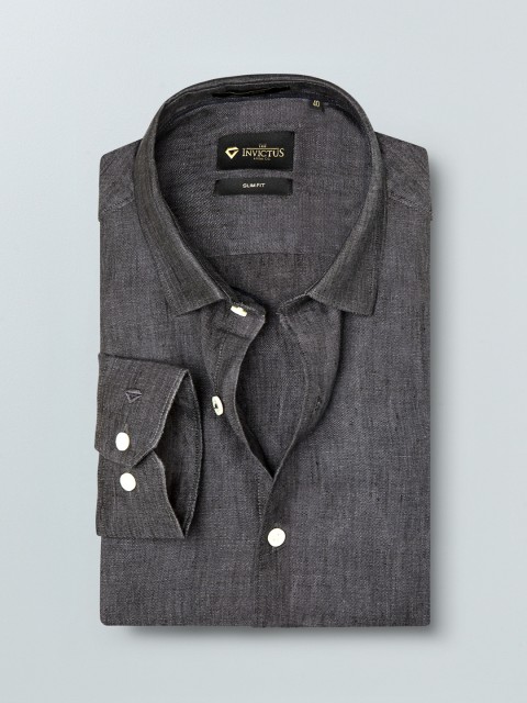 

INVICTUS Men Charcoal Grey Solid Slim Fit Pure Linen Formal Shirt