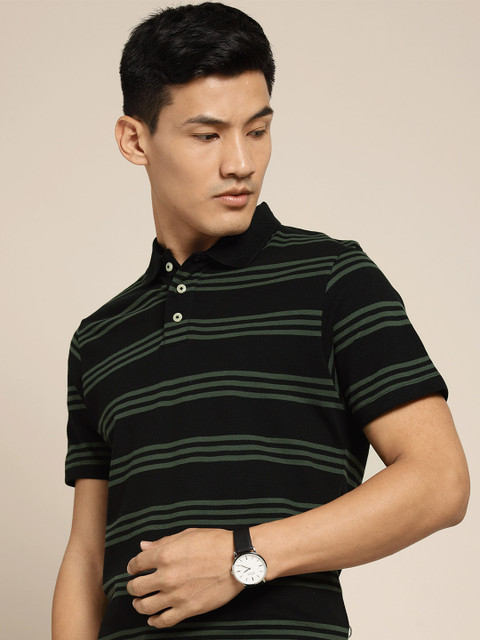 

INVICTUS Men Black & Olive Green Striped Polo Collar T-shirt