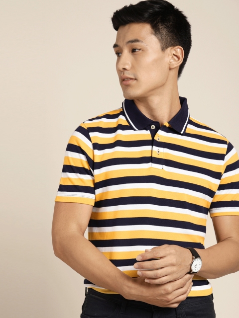 

INVICTUS Men Mustard Yellow & Navy Striped Polo Collar T-shirt