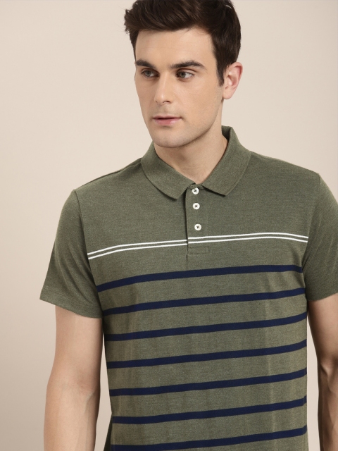 

INVICTUS Men Olive Green & Navy Blue Striped Polo Collar T-shirt