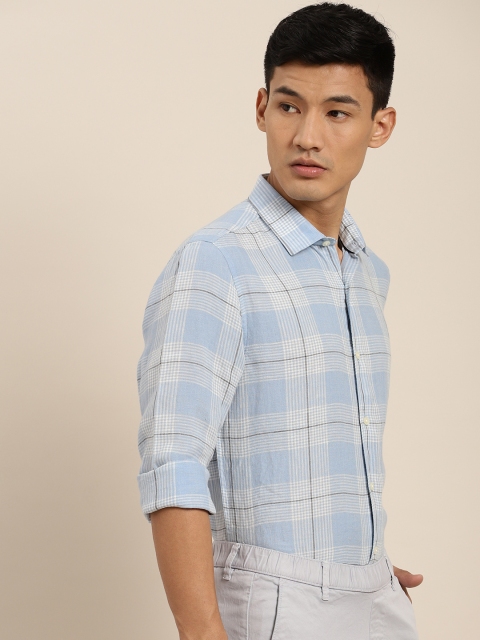 

INVICTUS Men Blue & White Slim Fit Checked Pure Linen Formal Shirt