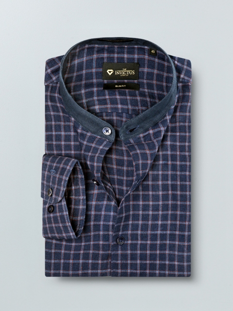 

INVICTUS Men Navy Blue Slim Fit Checked Pure Linen Formal Shirt