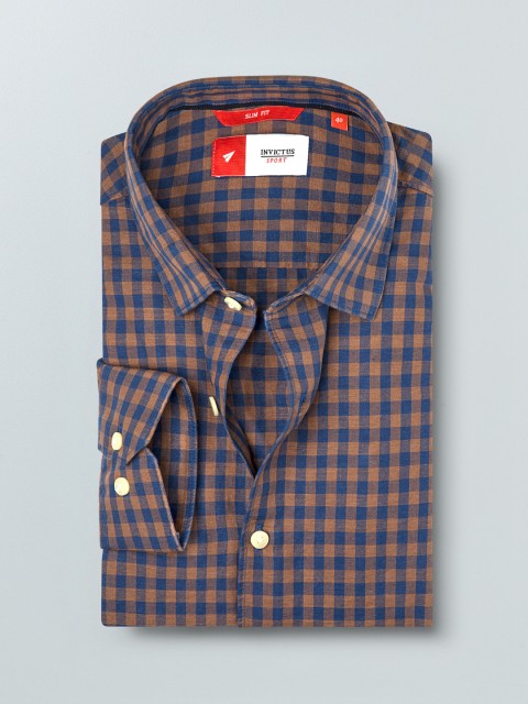 

INVICTUS Men Nav Blue & Brown Slim Fit Checked Casual Shirt, Navy blue