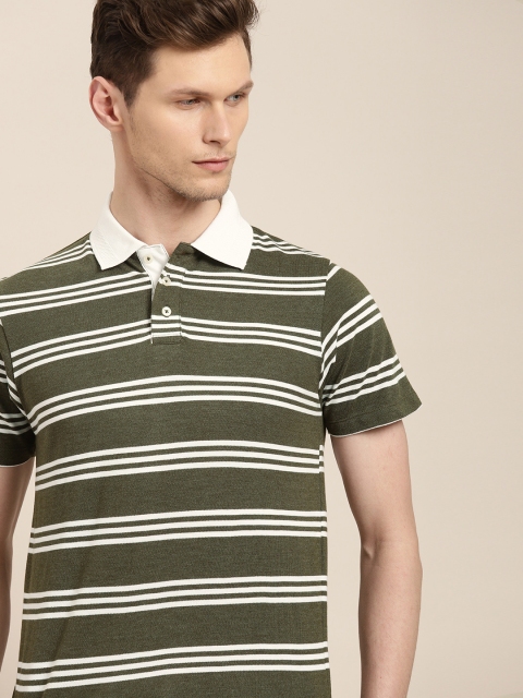 

INVICTUS Men Olive Green & White Striped Polo Collar T-shirt