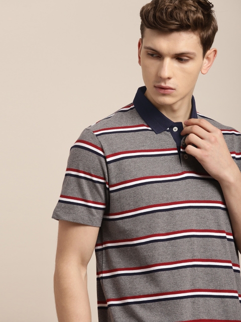 

INVICTUS Men Grey & Red Variegated Stripe Polo Collar T-shirt
