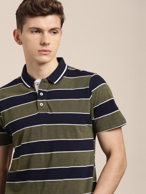 

INVICTUS Men Navy Blue & Olive Green Striped Polo Collar T-shirt