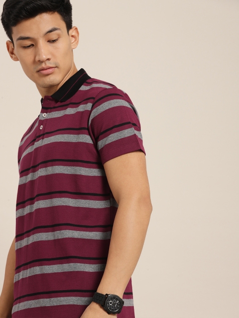

INVICTUS Men Maroon Striped Polo Collar Pure Cotton T-shirt
