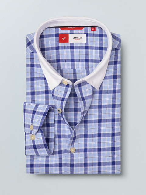 

INVICTUS Men Brown & Navy Slim Fit Cotton Linen Checked Casual Shirt, Blue
