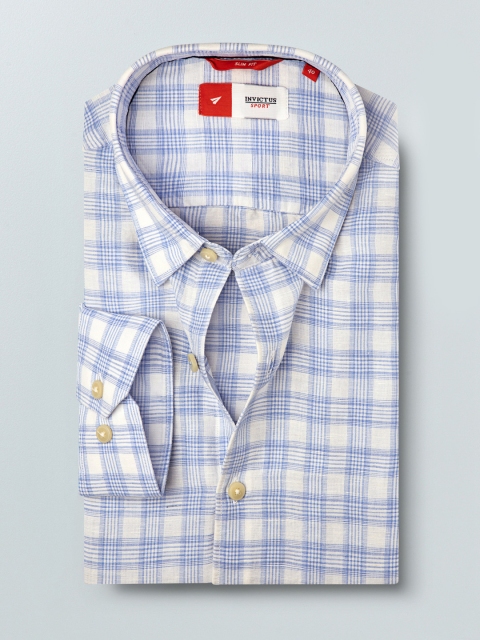 

INVICTUS Men Blue & White Slim Fit Cotton Linen Checked Casual Shirt