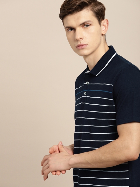 

INVICTUS Men Navy Blue & White Striped Slim Fit Polo Collar T-shirt