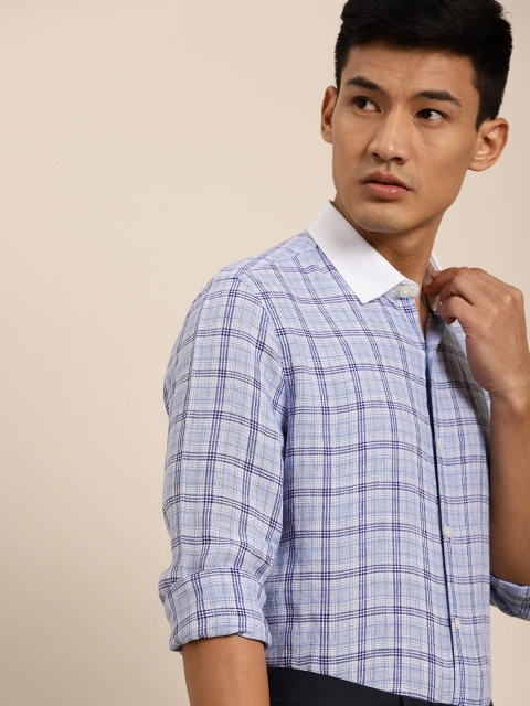 

INVICTUS Men Blue & White Slim Fit Checked Pure Linen Formal Shirt