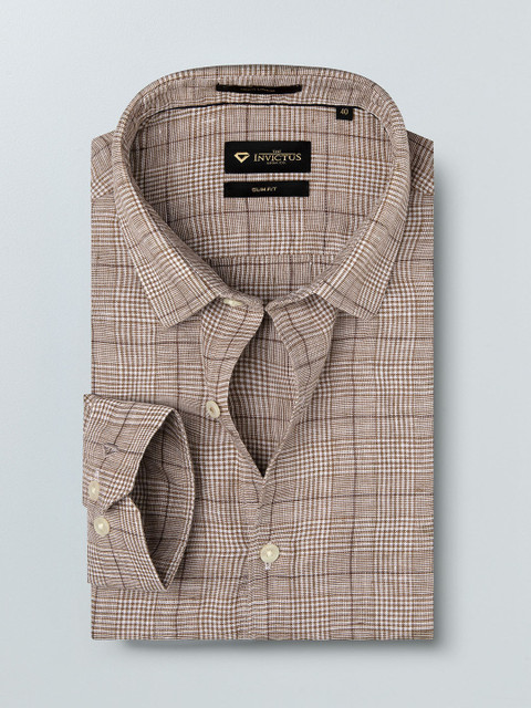 

INVICTUS Men Brown & White Slim Fit Checked Pure Linen Formal Shirt