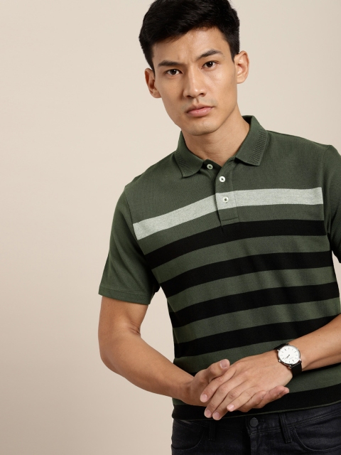 

INVICTUS Men Olive Green & Black Striped Polo Collar T-shirt