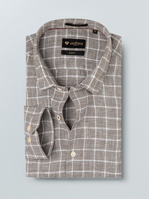 

INVICTUS Men White & Brown Slim Fit Checked Pure Linen Formal Shirt