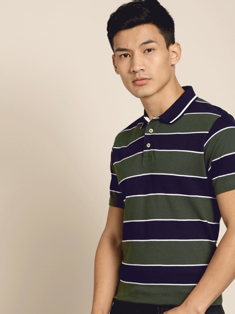 

INVICTUS Men Navy Blue & Green Striped Slim Fit Polo Collar T-shirt