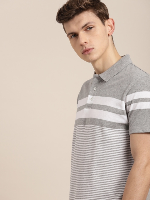 

INVICTUS Men Grey & White Variegated Stripe Polo Collar T-shirt