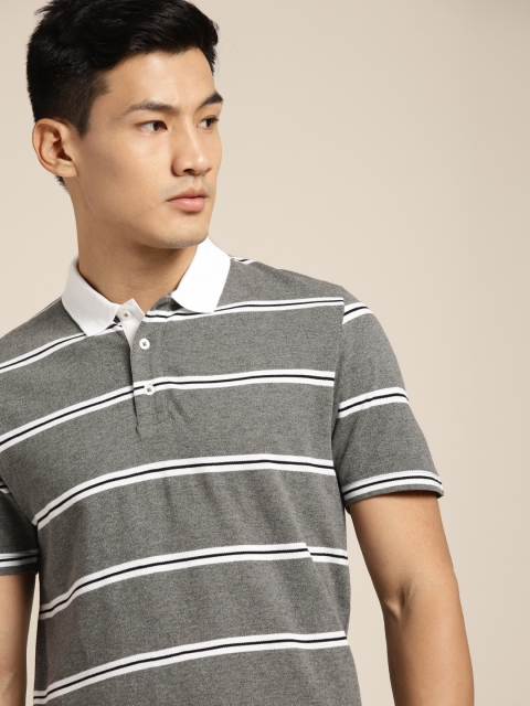 

INVICTUS Men Grey & White Striped Polo Collar T-shirt