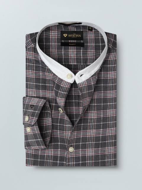 

INVICTUS Men Grey & White Slim Fit Checked Pure Linen Semi Formal Shirt