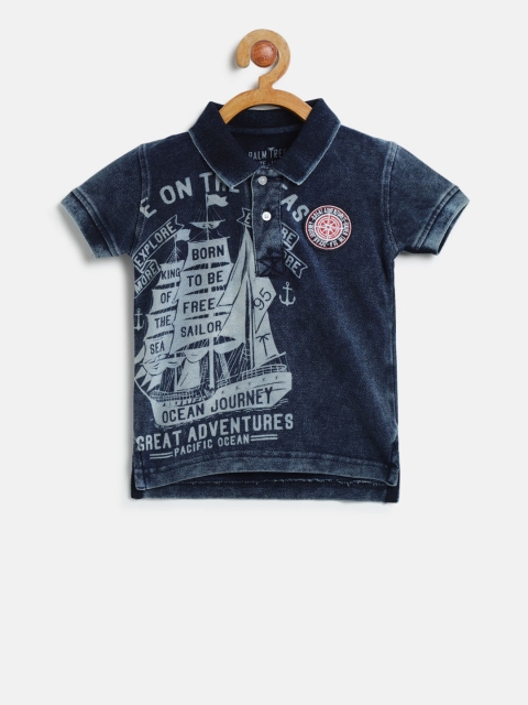 

Palm Tree Boys Navy Blue Chambray Printed Polo Collar T-shirt