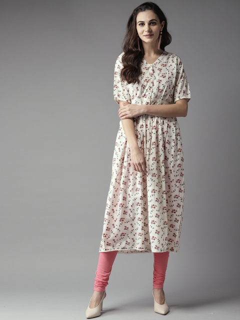 

Moda Rapido Women Off-White & Pink Floral Printed A-Line Kurta
