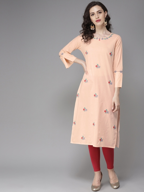 

Moda Rapido Women Peach-Coloured Embroidered Straight Kurta