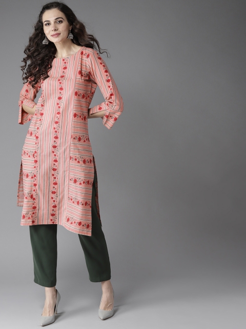 

Moda Rapido Women Peach-Coloured & Red Printed Straight Kurta
