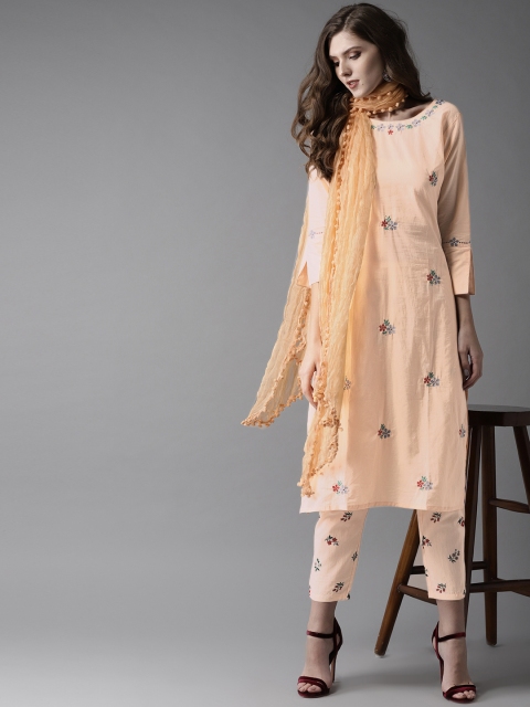 

Moda Rapido Women Peach-Coloured Embroidered Kurta with Trousers & Dupatta