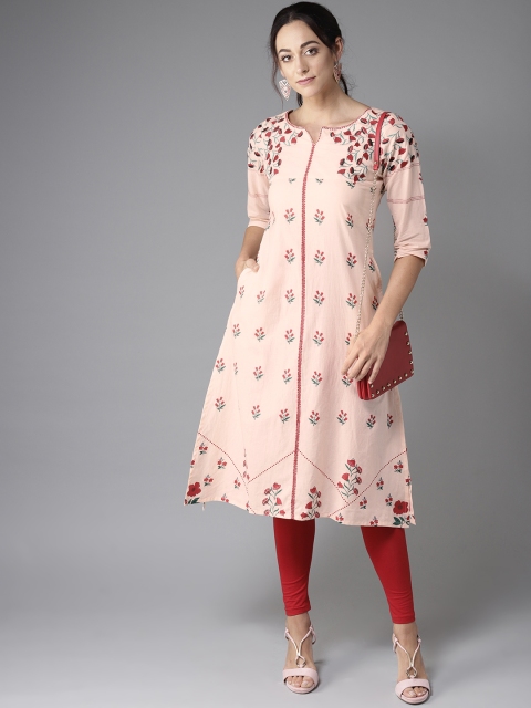 

Moda Rapido Women Peach-Coloured & Red Printed A-Line Kurta