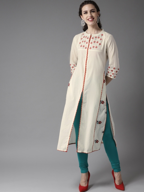 

Moda Rapido Women Off-White & Red Embroidered Straight Kurta