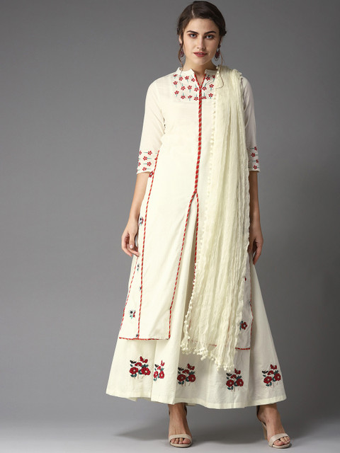 

Moda Rapido Women Off-White & Red Embroidered Kurta with Skirt & Dupatta