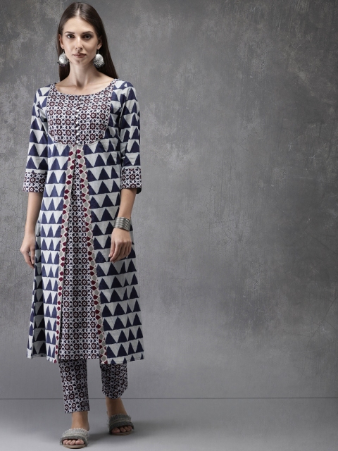 

Anouk Women Off-White & Blue Printed Kurta with Trousers