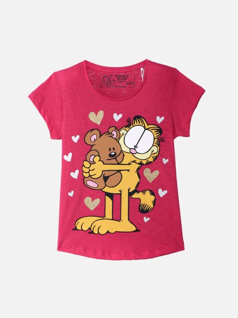 

Kids Ville Girls Blue Garfield Printed Round Neck Half Sleeve T-shirt, Pink