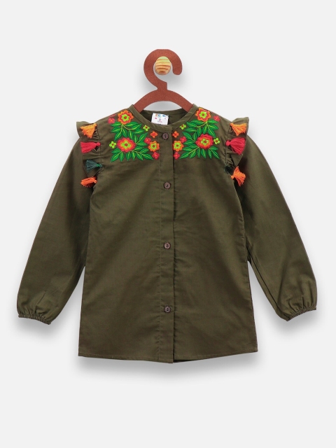 

LilPicks Girls Olive Green Solid Shirt Style Top