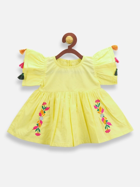 

LilPicks Girls Yellow Embroidered A-Line Top