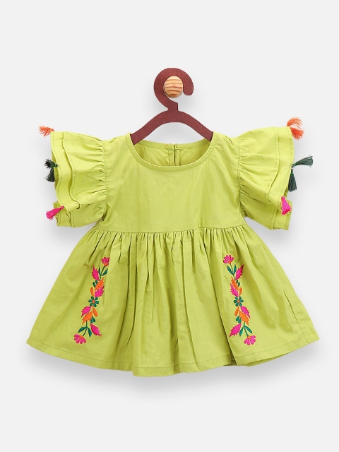 

LilPicks Girls Green Embroidered A-Line Pure Cotton Top