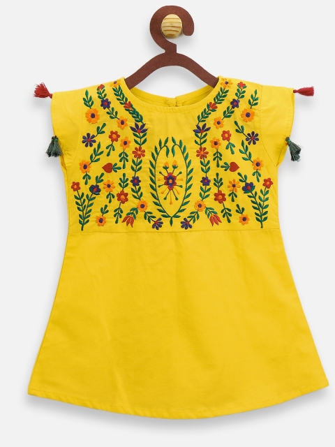 

LilPicks Girls Yellow Embroidered A-Line Top
