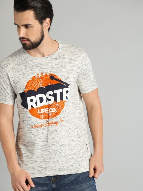 

Roadster Men Grey & Orange Printed T-shirt