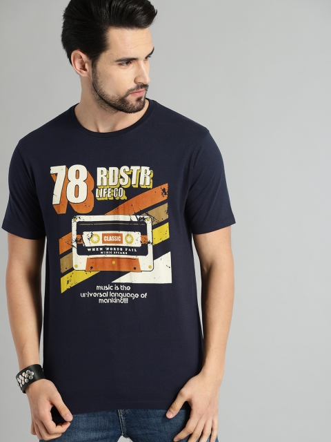 

The Roadster Lifestyle Co Men Navy Blue Printed Round Neck Pure Cotton T-shirt