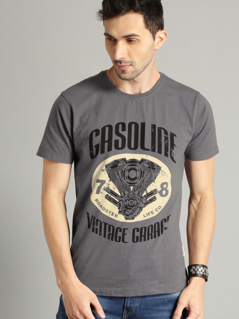 

Roadster Men Charcoal Grey Printed Round Neck T-shirt