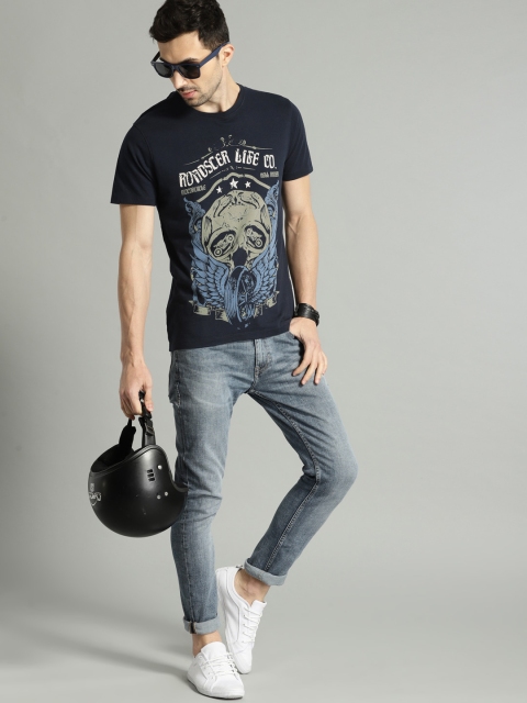 

The Roadster Lifestyle Co Men Navy Blue Printed Round Neck Pure Cotton T-shirt