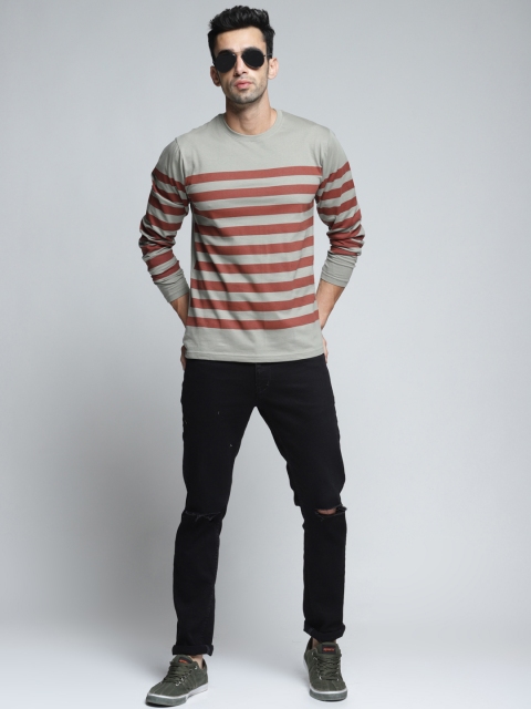 

DILLINGER Men Grey & Maroon Striped Round Neck T-shirt