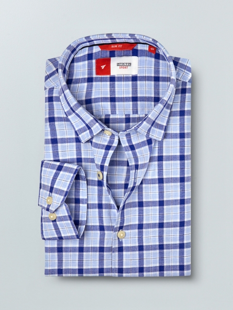 

INVICTUS Men Blue & White Slim Fit Cotton Linen Checked Casual Shirt